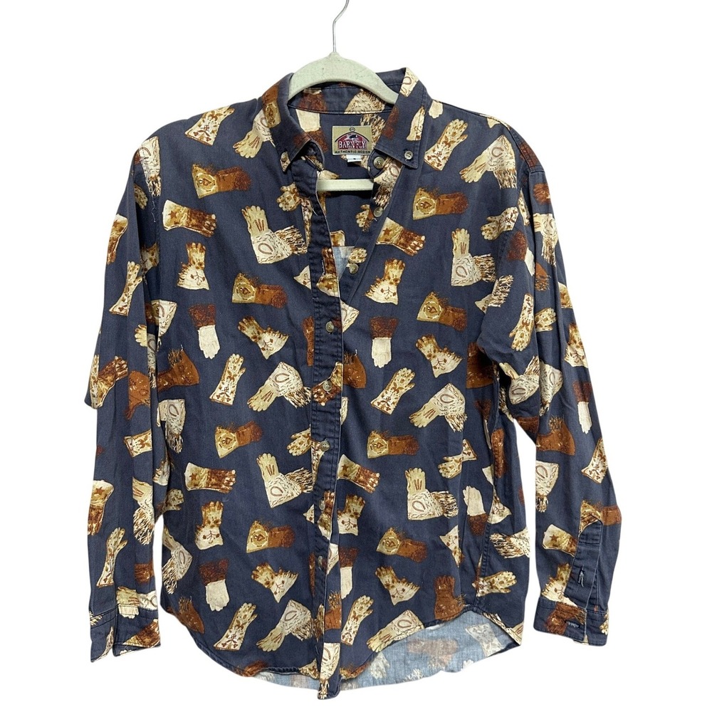 Barn Fly Mens Small Work Glove Print Button Down Shirt Western Novelty Rodeo